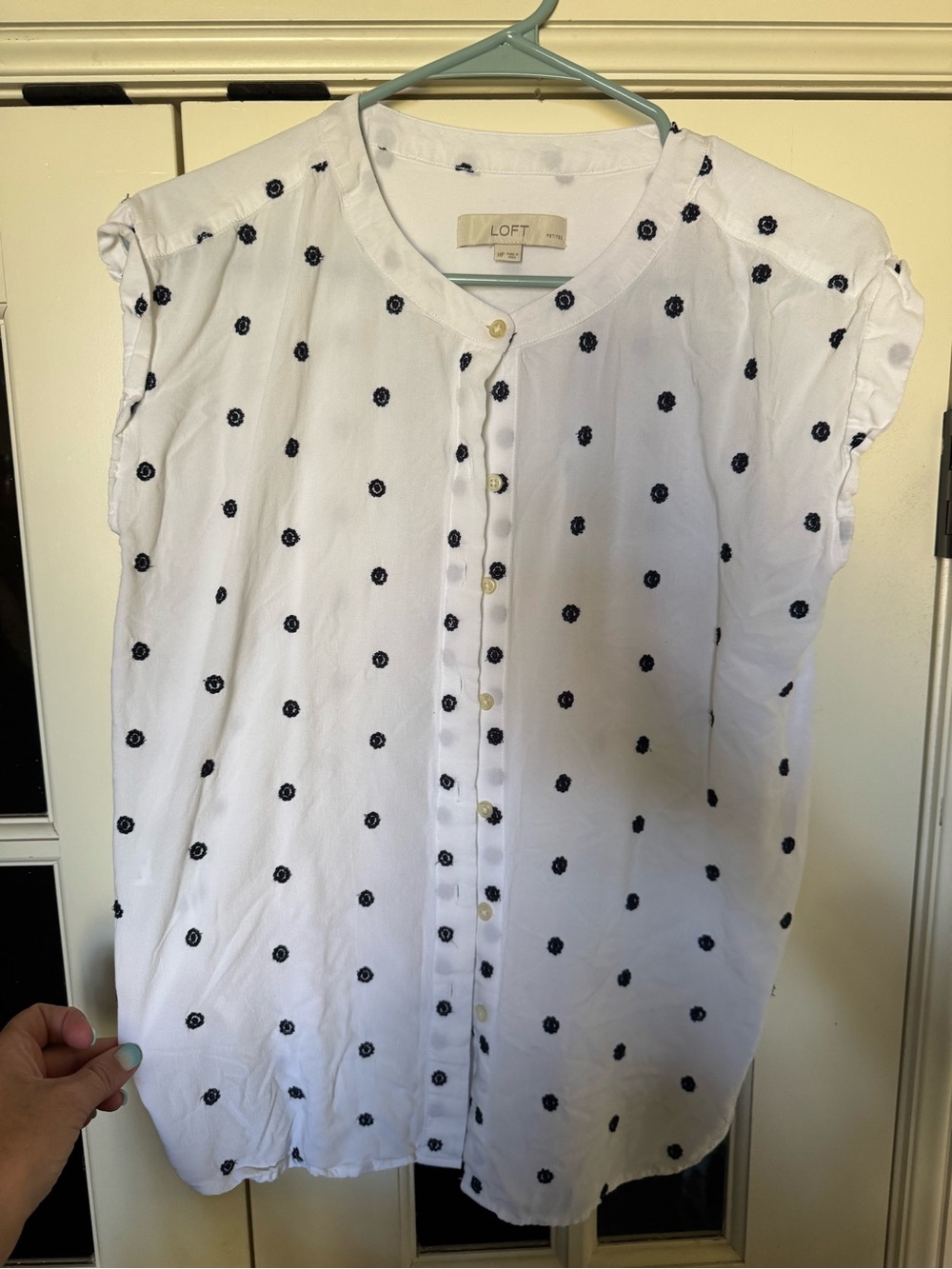 LOFT women’s 'White Button-Front Blouse with Navy Embroidered Dots